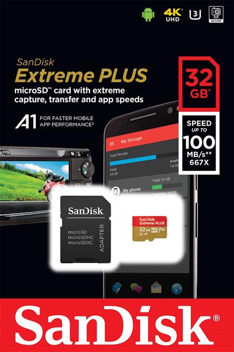 Productafbeelding SanDisk microSDHC 100MB A1 32GB Extreme Plus (32 GB, microSDHC, U3, UHS-I)