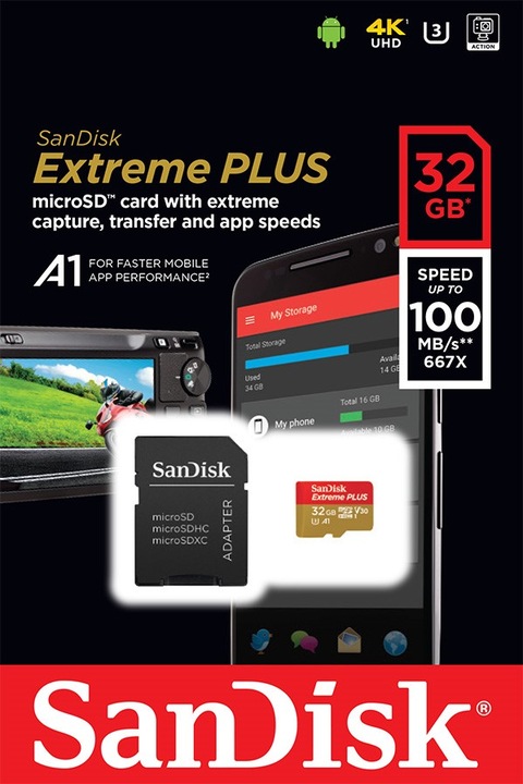 Productafbeelding SanDisk microSDHC 100MB A1 32GB Extreme Plus (32 GB, microSDHC, U3, UHS-I)