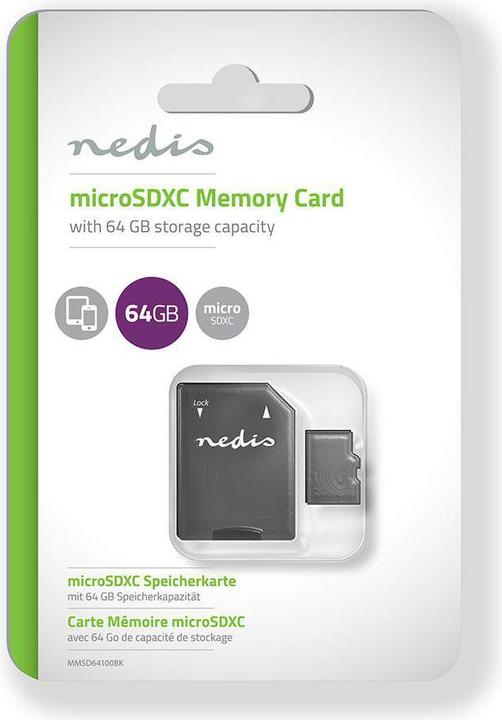 Image du produit Nedis Carte mémoire - MicroSDXC-64 Go - Vitesse d'écriture : 90 Mo/s - Vitesse de lecture : 45 M (64 Go, microSDXC, U3, UHS-I)