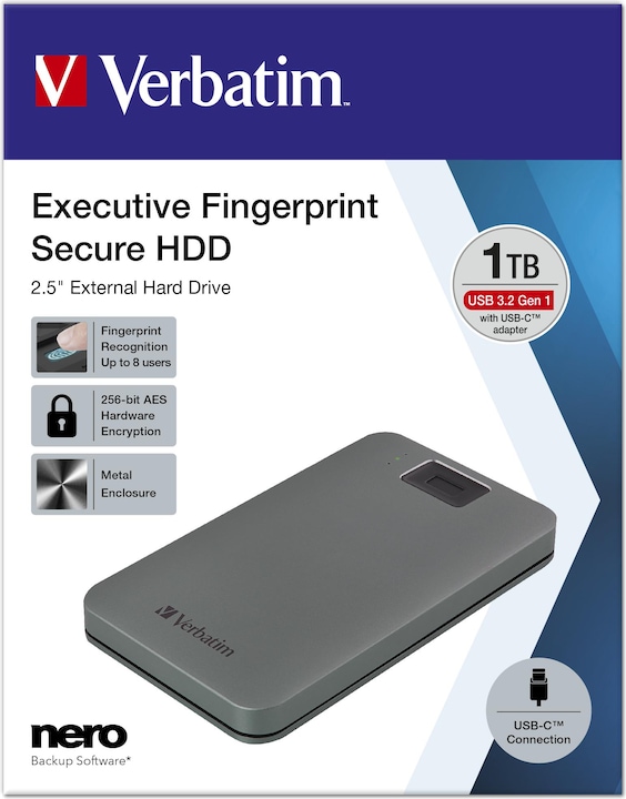 Image du produit Verbatim Fingerprint Secure 1TB USB 3.2 Gen 1 USB-C (1 To)