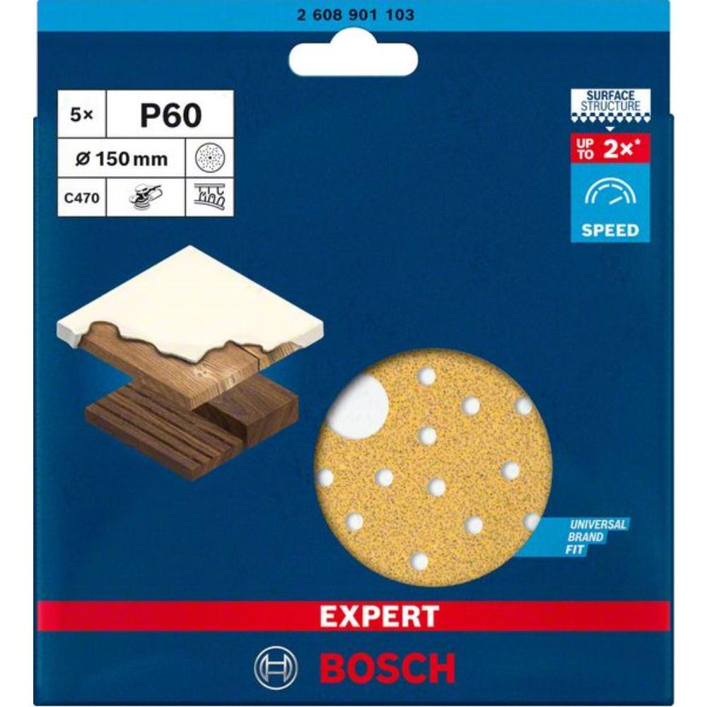 Thumbnail - Bosch Professional Zubehör, Schleifmittel, EXPERT C470 Schleifpapier Mehrloch für Exzenterschleifer, 150 mm, G 60, 5-tlg...