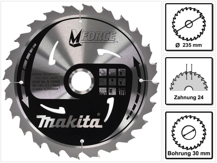 Productafbeelding Makita M-FORCE cirkelzaagblad voor hout 235 x 30 x 2,3 mm 24 tanden ( B-32063 )