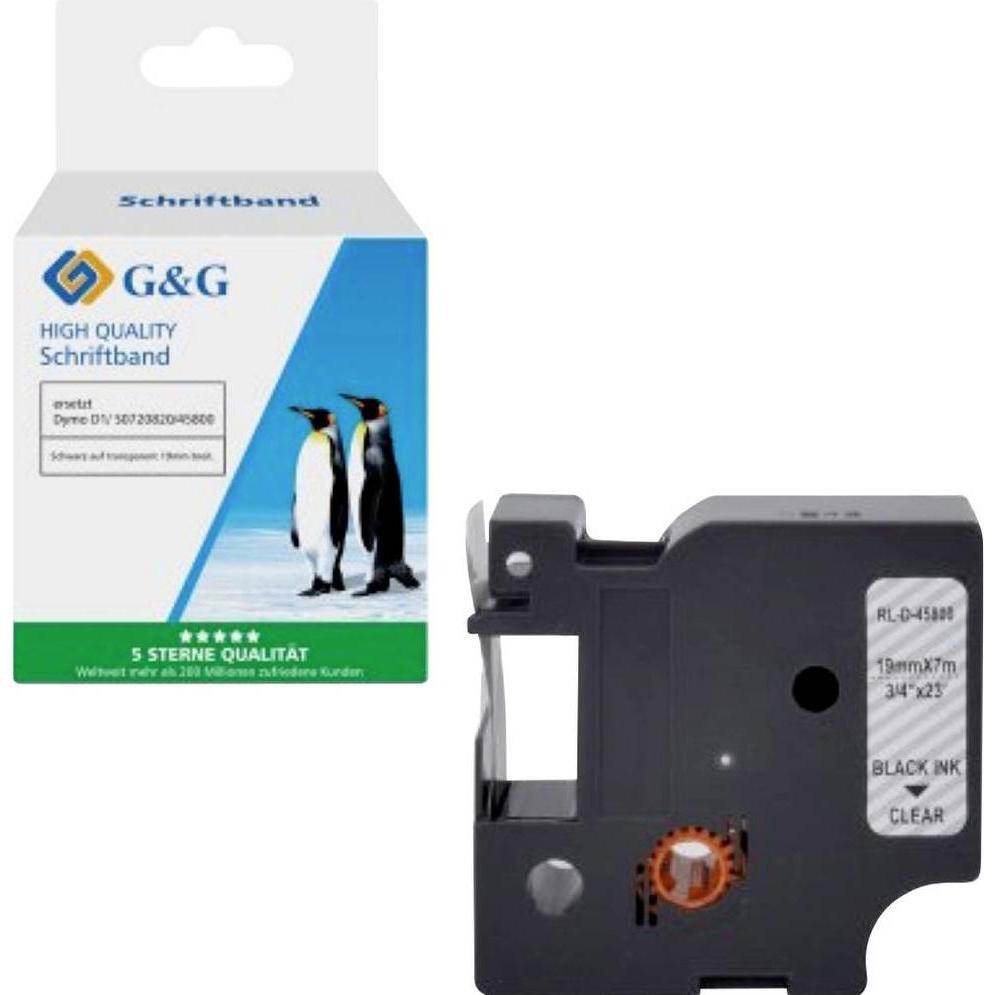 G&G, Nastro di marcatura, Kompatibel mit Dymo D1/ 45800/ S0720820 Schriftband (19mm x 7m) Schwarz auf tran (1.90 cm, Nero, Trasparente)