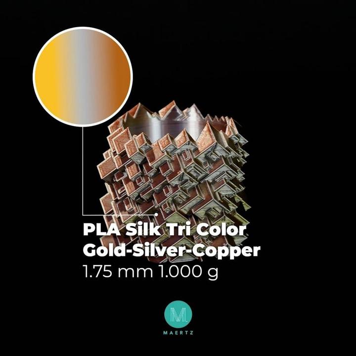 Actual product image Maertz PLA Silk Tri Color Gold-Silver-Cooper 1.75 mm 1.000 g (PLA, 1.75 mm, 1000 g, Gold, Copper, Silver)