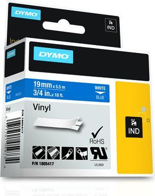 Actual product image Dymo Rhino 19mm white on blue vinyl (1.90 cm, Blue)