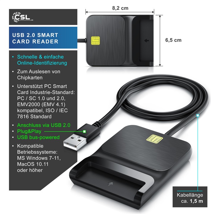 Immagine prodotto CSL Lettore di smart card USB, lettore di SmartCard/SIM, Plug&Play, compatibile con Mac OS X e Windows (USB)