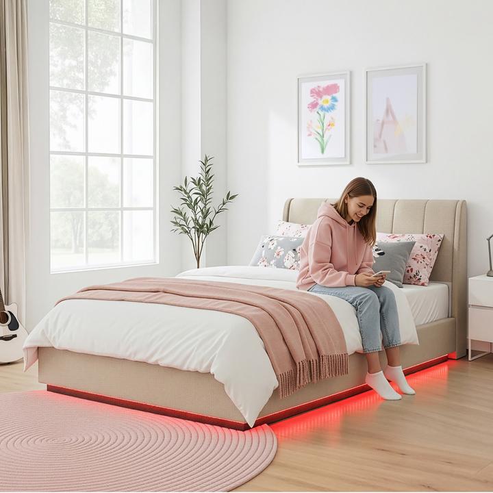 Produktbild En.Casa LED Polsterbett Tröstiar mit Matratze 160x200cm Beige