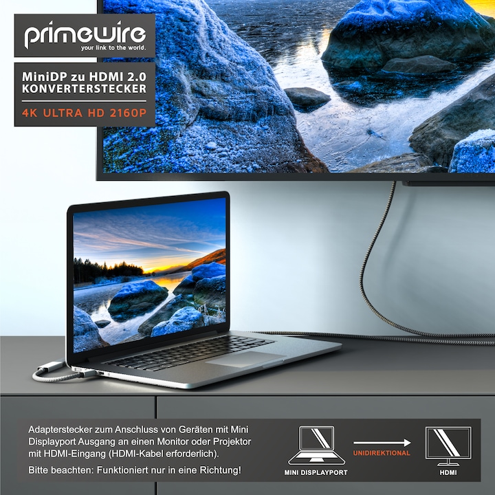 Produktbild Primewire 4K Mini Displayport zu Hdmi 2.0 Adapter, Mini DP Kabel, mDP Adapter, 4K@60Hz, Thunderbolt (0.20 m, HDMI)