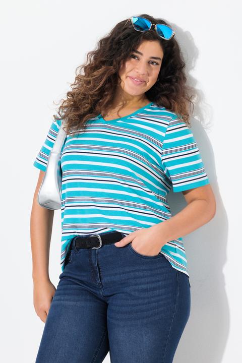 Actual product image Ulla Popken Colorful Striped Short Sleeve V-Neck Tee (56)