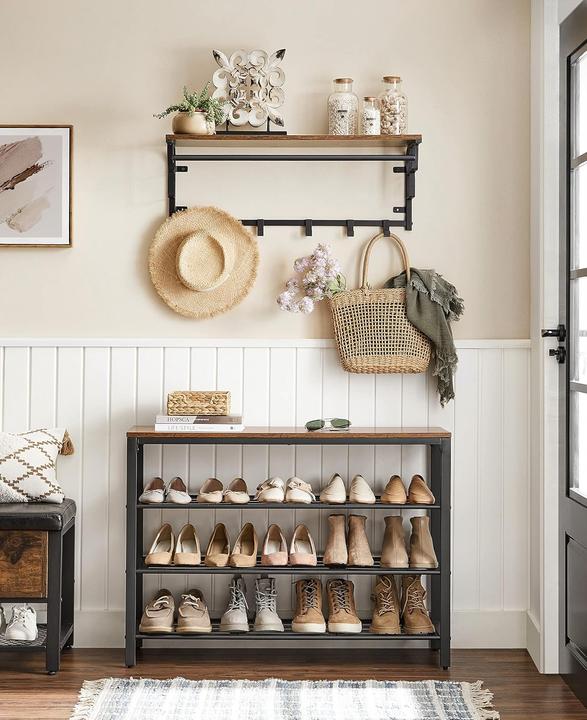 Actual product image Songmics Schuhregal 3 Gitter-Ablagen Metall Industrie Design Vintagebraun Schwarz (100 x 30 x 72 cm)