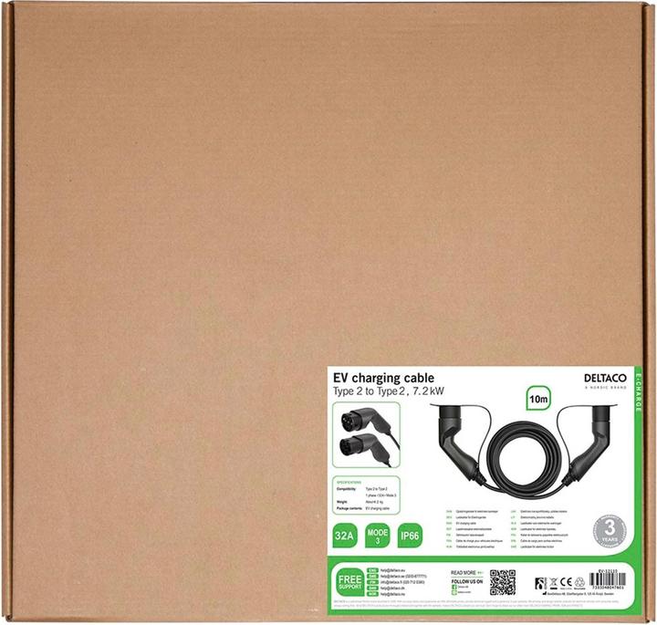 Actual product image Deltaco EV charging cable, e-car & hybrid, Type2 to Type2, 32 A, 7.6 kW, 1-phase (Type 2, 7.60 kW, 32 A, 10 m)