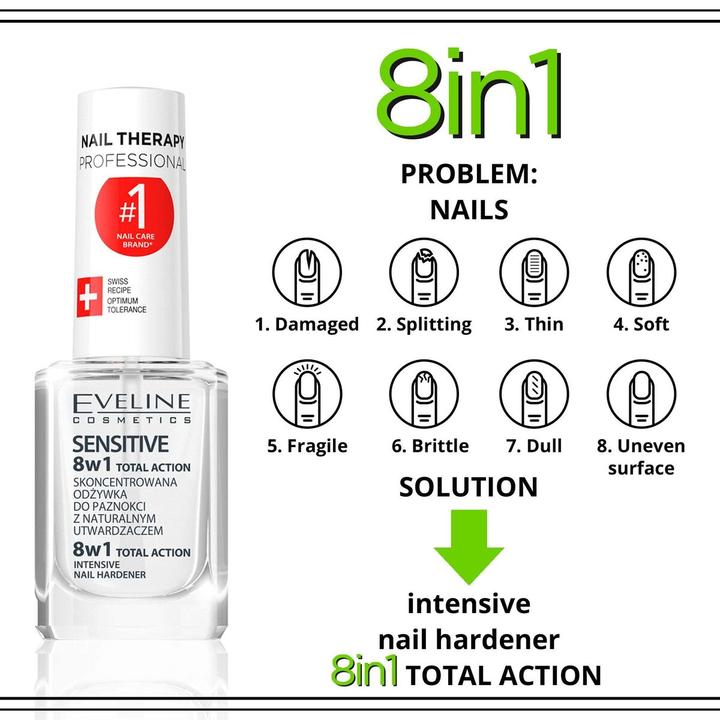 Actual product image Eveline Cosmetics - Sensitive 8 In 1 Total Action Intensive Nail Hardener - Nail Hardener 12 Ml (12 ml)