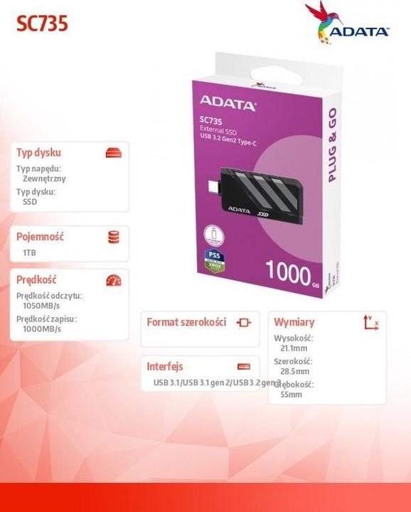 Actual product image Adata SSD 1.0TB External SC735 U3.2 Gen2 Black/Gray (1 TB)