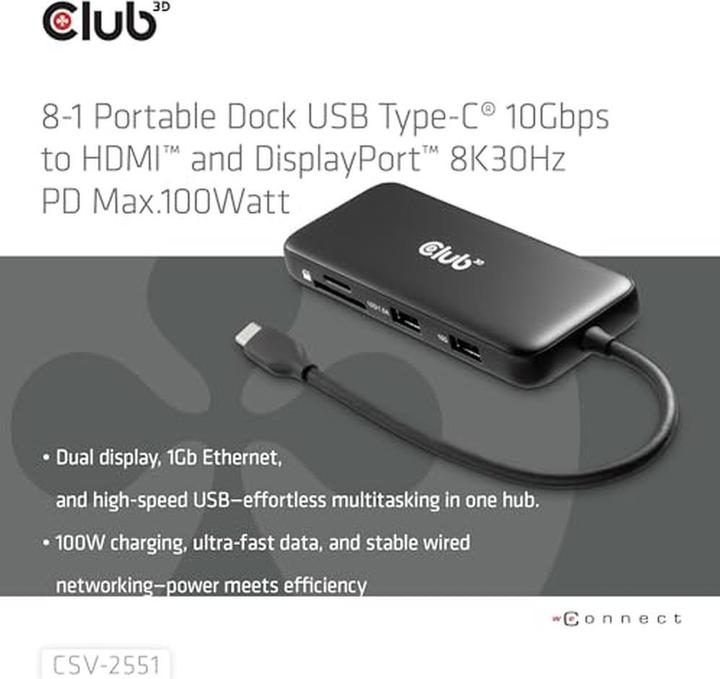 Produktbild Club 3D Club3D USB-C 8-in1-HUB > DP/HDMI/USB-C/RJ45 8K30Hz PD100W retail (USB-C, 8 Ports)