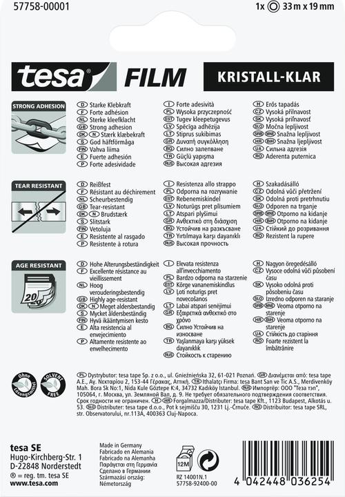 Produktbild tesa 1x tesafilm KRISTALL-KLAR, hochtransparent, alterungsbeständig, mit starker Haftung (19 mm)