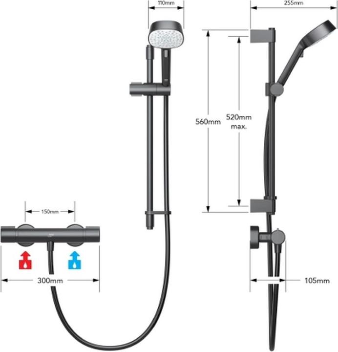 Image du produit Mira Showers Douche thermostatique noire mat avec pomme de douche à pression et réglage de hauteur