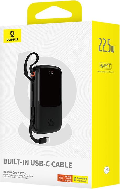 Produktbild Baseus Qpow Pro+ 10000 mAh 22,5 W Powerbank mit integriertem USB-C-Kabel und Display – Schwarz (10000 mAh, 22.50 W, 37 Wh)