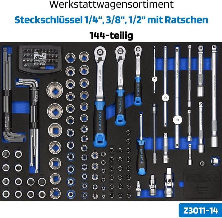 Actual product image SW-Stahl Z3116 Professional workshop trolley TT801 blue I 8 drawers I 3 drawers filled I 213 parts I (213x)