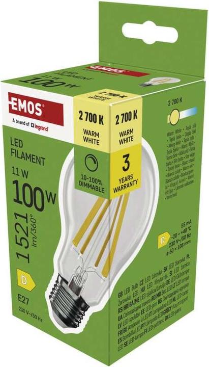 Produktbild Emos LED Lampe Filament A60 / E27 / 11W (100 W) / 1 521 lm / Warmweiss / dimmbar (E27, 1521 lm, 1x)