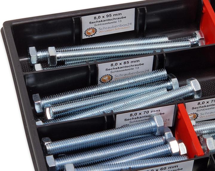 Produktbild Schraubenbox24 Sechskantschrauben Sortiment M8 60mm-100mm 65 tlg Schraubenbox DIN 933/ISO4017 (65 Schrauben pro Stück)