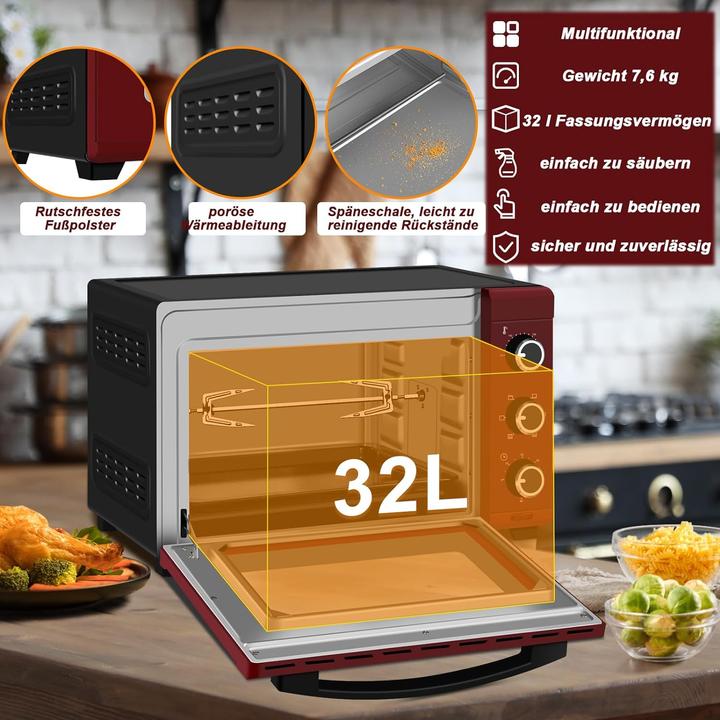 Produktbild Woltu Mini Backofen 32 Liter, Schwarz+rot