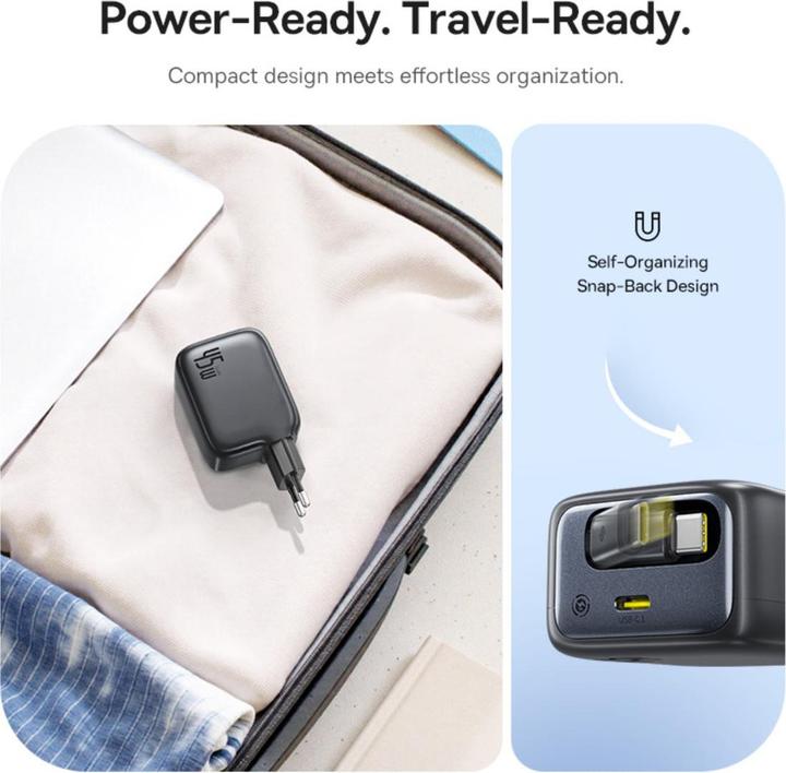 Actual product image Baseus EnerCore CJ11 Charger Retractable 2C 45W EU Black (45 W, 2 ports)