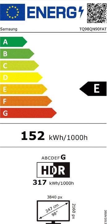 Label énergétique Samsung TV AI Neo QLED 98" QN90F 2025, 4K, Mini LED sans reflet (98", QN90F, NeoQLED, 4K, 2025)