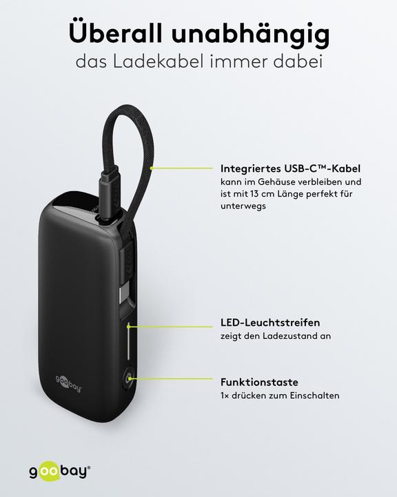Actual product image Goobay Powerbank 5.000 mAh mit integriertem USB-C-Kabel (5000 mAh, 15 W, 15 Wh)