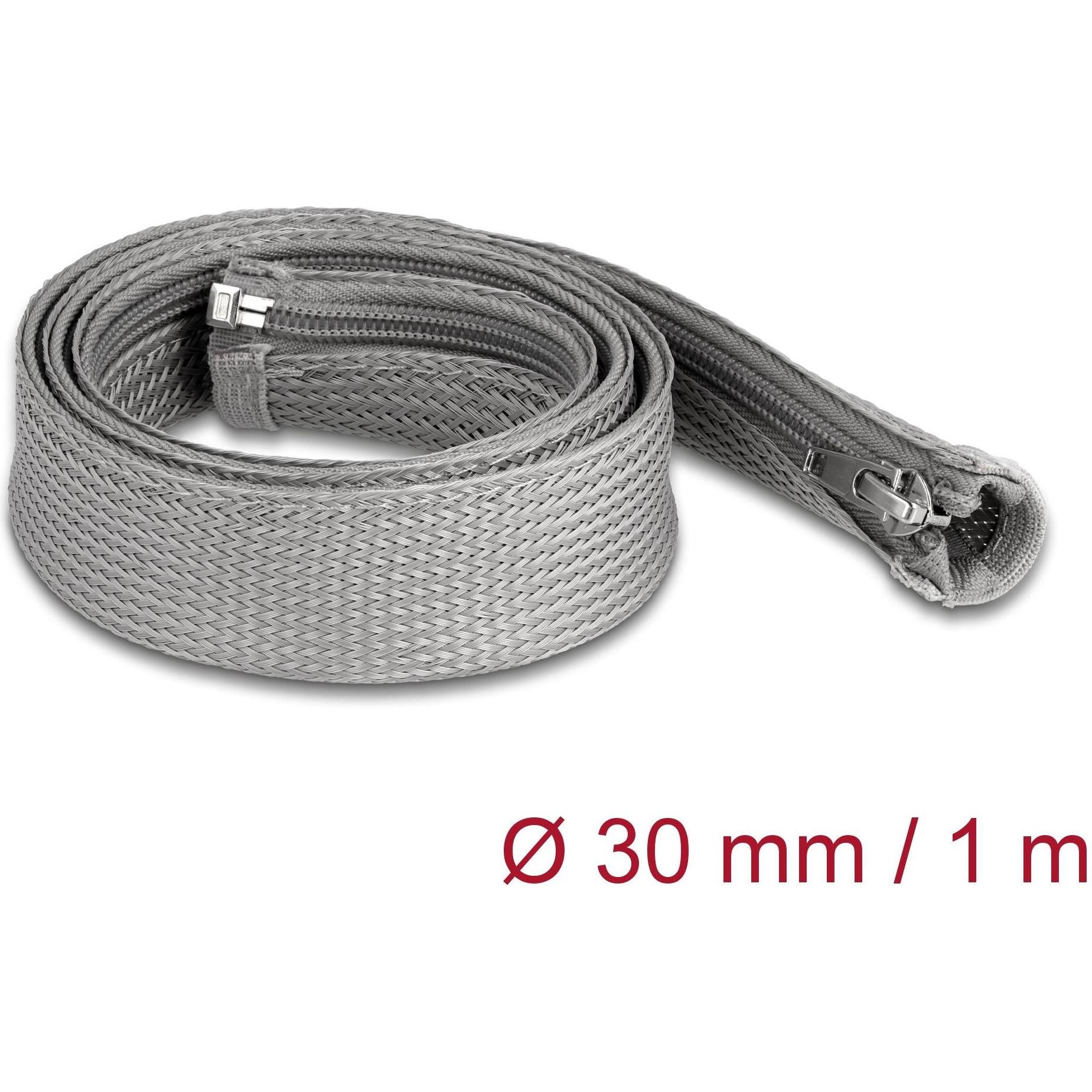 Thumbnail - Delock, Kabelschutz + Kabelführung, Geflechtschlauch mit Reissverschluss hitzebeständig 1 m x 30 mm grau (Kabelschlauch,...