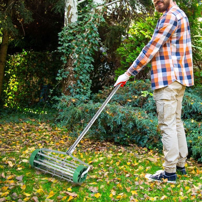 Produktbild Swisshandel24 Rasenlüfter Grifflänge einstellbar Handvertikutierer Rasenbelüften Stachelwalze Rasen rollender Rase