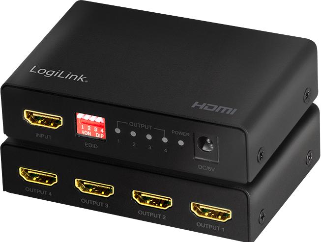 Actual product image LogiLink HD0038 HDMI Splitter 1x4-Port, 4K/60 Hz, HDCP, EDID, HDR, CEC, downscaler