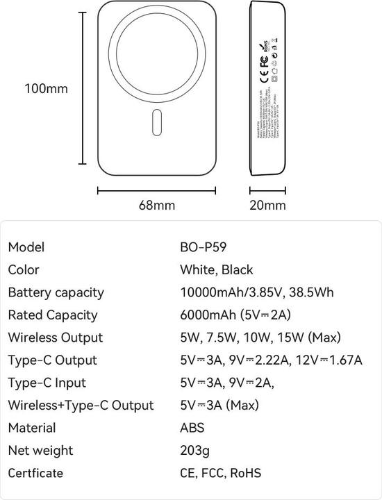 Actual product image Bwoo 20W magsafe 10000 mAh power bank, white (10000 mAh, 20 W, 37 Wh)