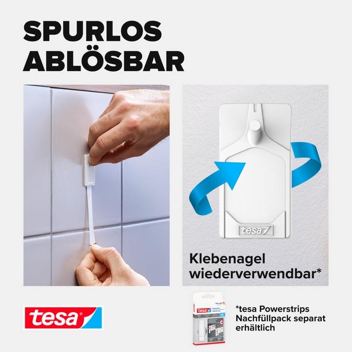 Produktbild tesa Klebenagel für Fliesen & Metall, 2kg Halteleistung, spurlos ablösbar & wiederverwendbar