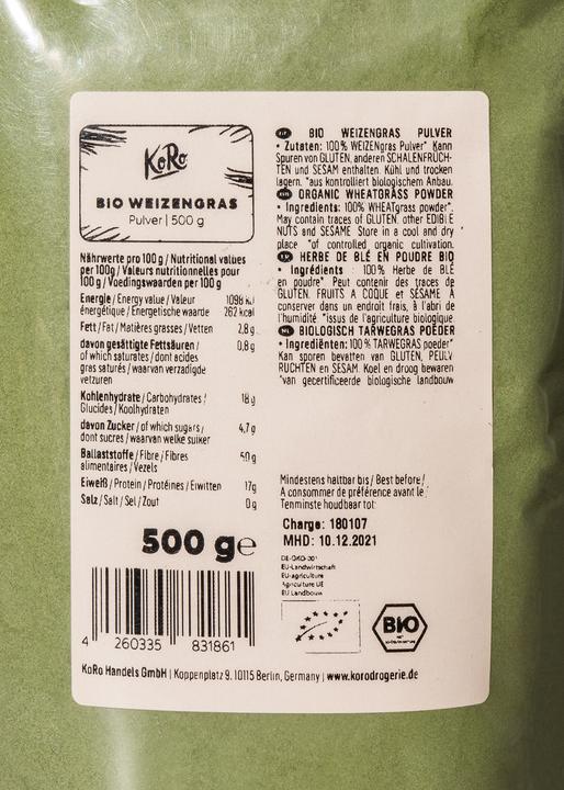 Nährwerte und Zutaten KoRo Bio Weizengras Pulver (500g) (1 Stück, Pulver, 500 g)