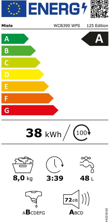 Etichetta energetica Miele Waschmaschine WCB390 WPS 125 Edition Lotosweiss (8 kg, A destra)