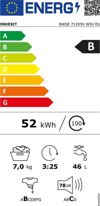 Energy Label Indesit BWSE 71295X WSV EU Washing machine, Front Loading, Energy Class B, Capacity 7 kg, White (7 kg, Left)