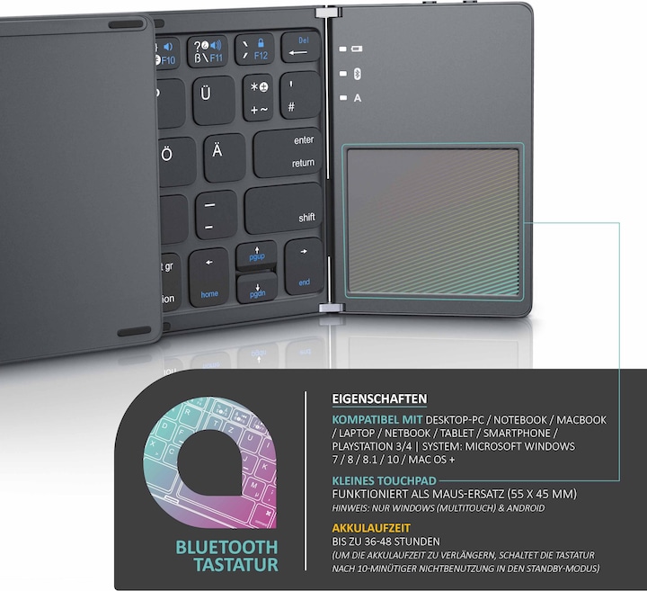 Aplic Wireless Tastatur, faltbares Mini Bluetooth Keyboard mit Touchpad im Super Slim Design (DE, Kabellos)