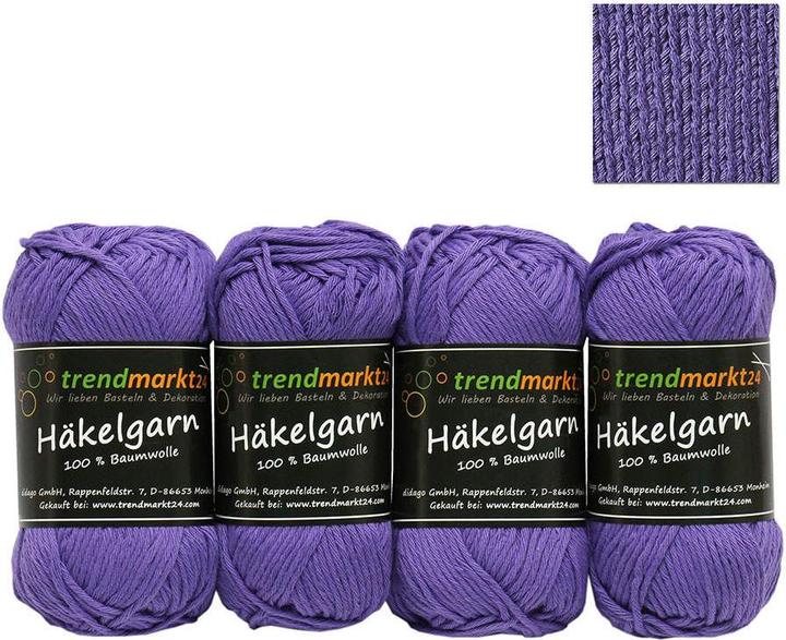 Produktbild trendmarkt24 Häkelgarn Set Violett 4 Baumwollknäuel 50g Topflappen Garn waschbar 60°C (340 m)