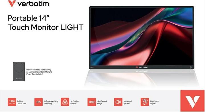 Produktbild Verbatim Portable 14" FHD Touch Monitor LIGHT incl. Power Bank 5000mAh (1920 x 1080 Pixel, 14")
