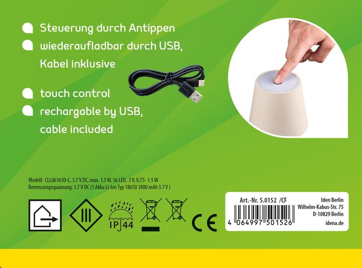Produktbild Idena LED Tischleuchte Touch Metall beige 11x24/38cm Akku USB dimmbar 3 Modi Innen und Aussen
