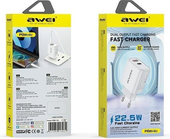 Actual product image Awei ład. siec. PD81-EU 22.5W GaN biała/white (22 W, 2 ports)