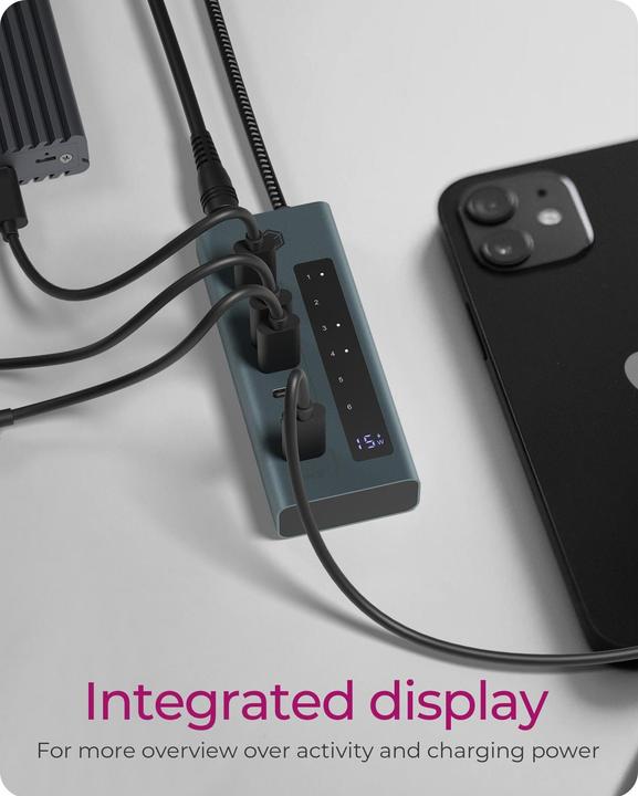Actual product image Icy Box USB-C hub with 20W charging port and integrated display, IB-HUB1457-C31 (7 ports)