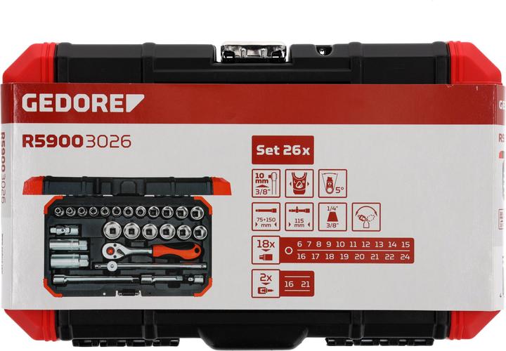 Produktbild Gedore Red red R59003026 Steckschlüssel-Satz 3/8" 6-24mm 26-teilig (18 mm, 11 mm, 12 mm, 20 mm, 19 mm, 15 mm, 13 mm, 6 mm, 21 mm, 7 mm, 14 mm, 8 mm, 10  mm, 23 mm, 22 mm, 17 mm, 9 mm, 16 mm, 24 mm)