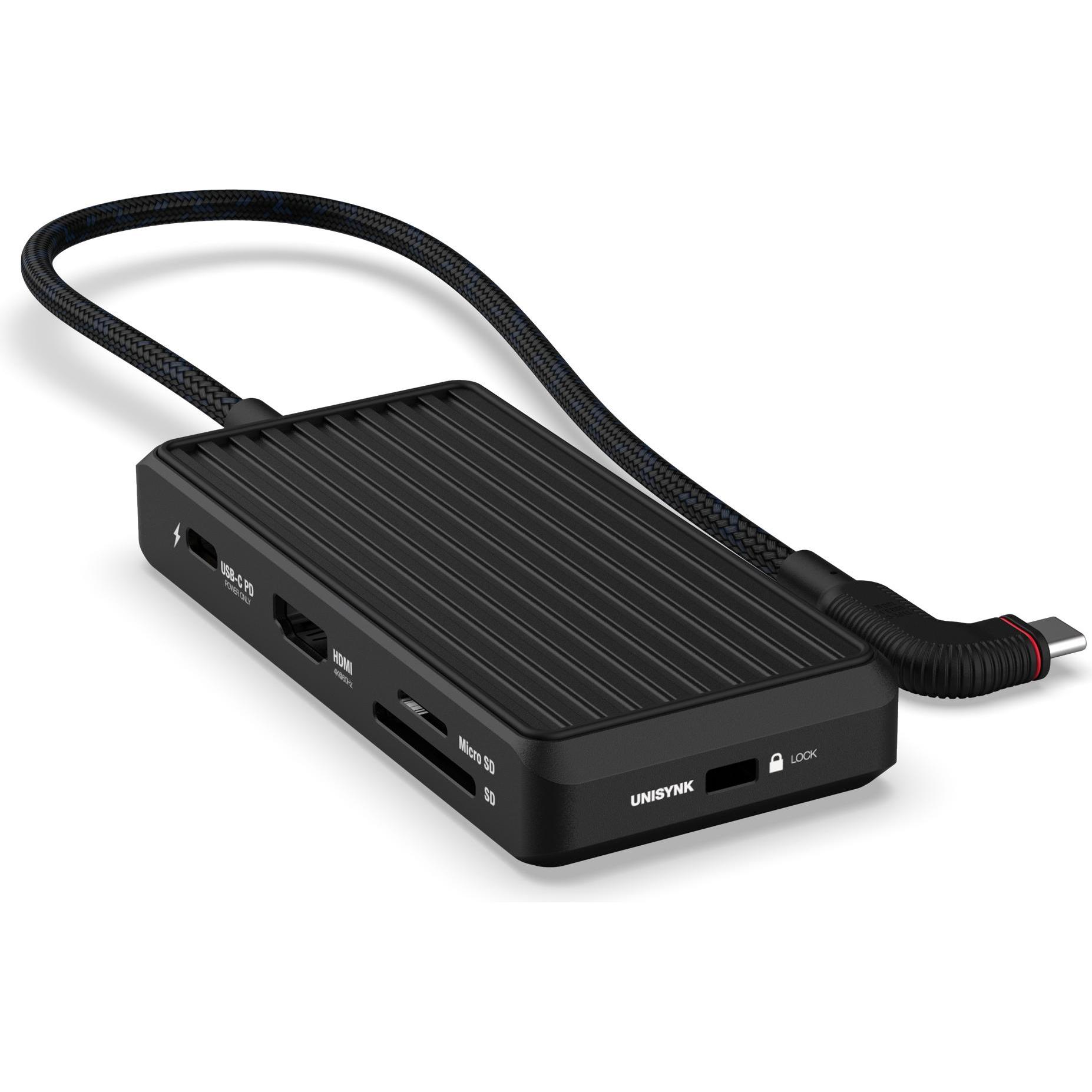 Unisynk 8 Port USB-C Hub V2 4K 60Hz 100W Black (USB-C, 8 Ports), Dockingstation + USB Hub, Schwarz