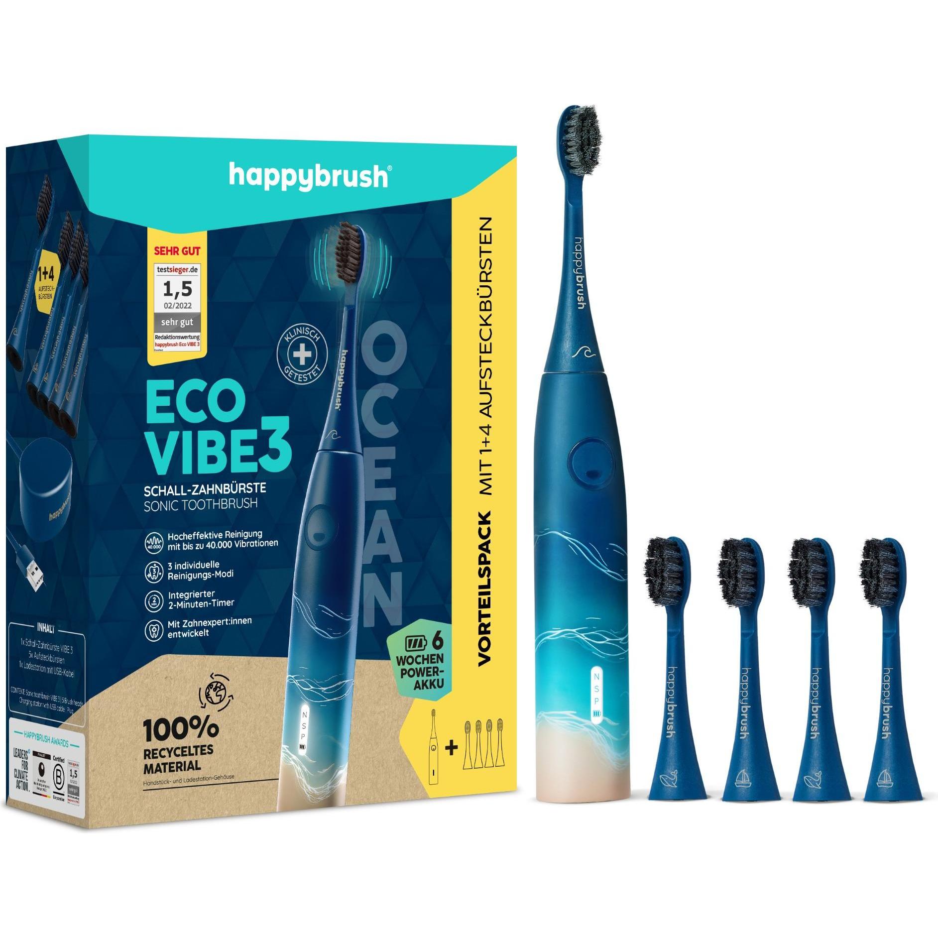 happybrush, Spazzolino elettrico, ECO VIBE 3 Starterkit Ocean + 4 Refills