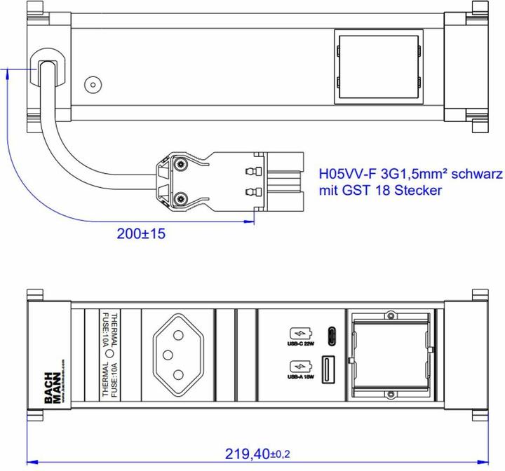 Produktbild Bachmann Einbausteckerleiste POWER FRAME 1x T13, 1x USB A/C, 1x Leer (1 x, Typ 13, 0.20 m)