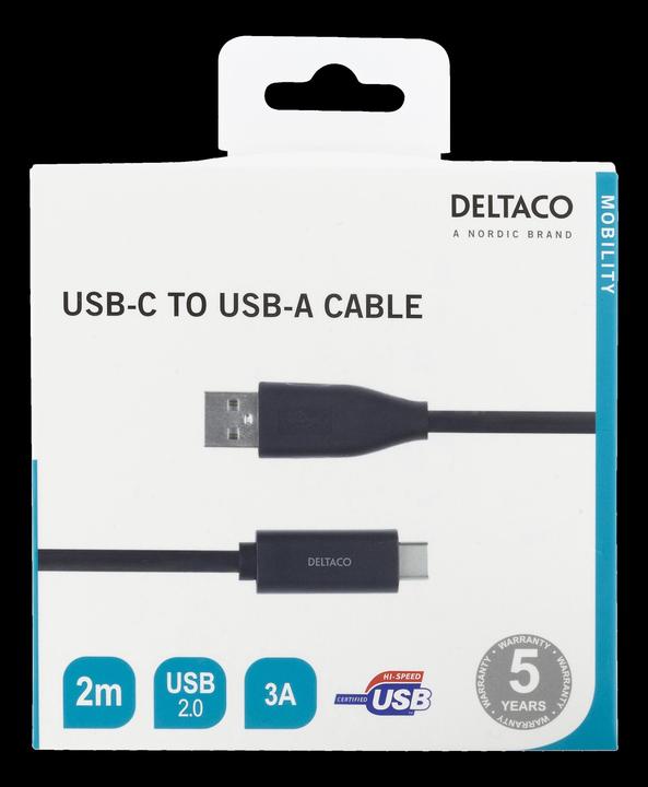 Produktbild Deltaco USB-C till USB-A kabel 2m 3A USB 2.0 svart (2 m, USB 2.0)