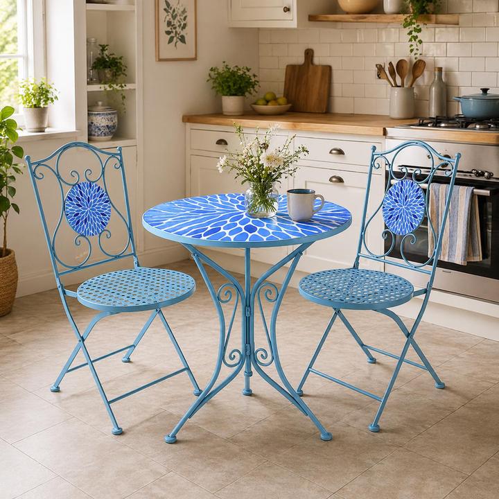 Produktbild HTI-Living Gartenstuhl 2er-Set Metall Blau mit Blütenmotiv