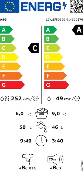 Etichetta energetica AEG L9WSF80699 Lavasciuga con pompa di calore Lavasciuga Serie 9000 con SensiDry