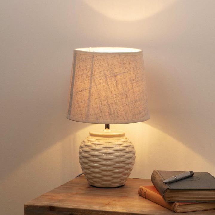 Actual product image Hestia Basket Weave Table Lamp with Beige Linen Shade (E27)